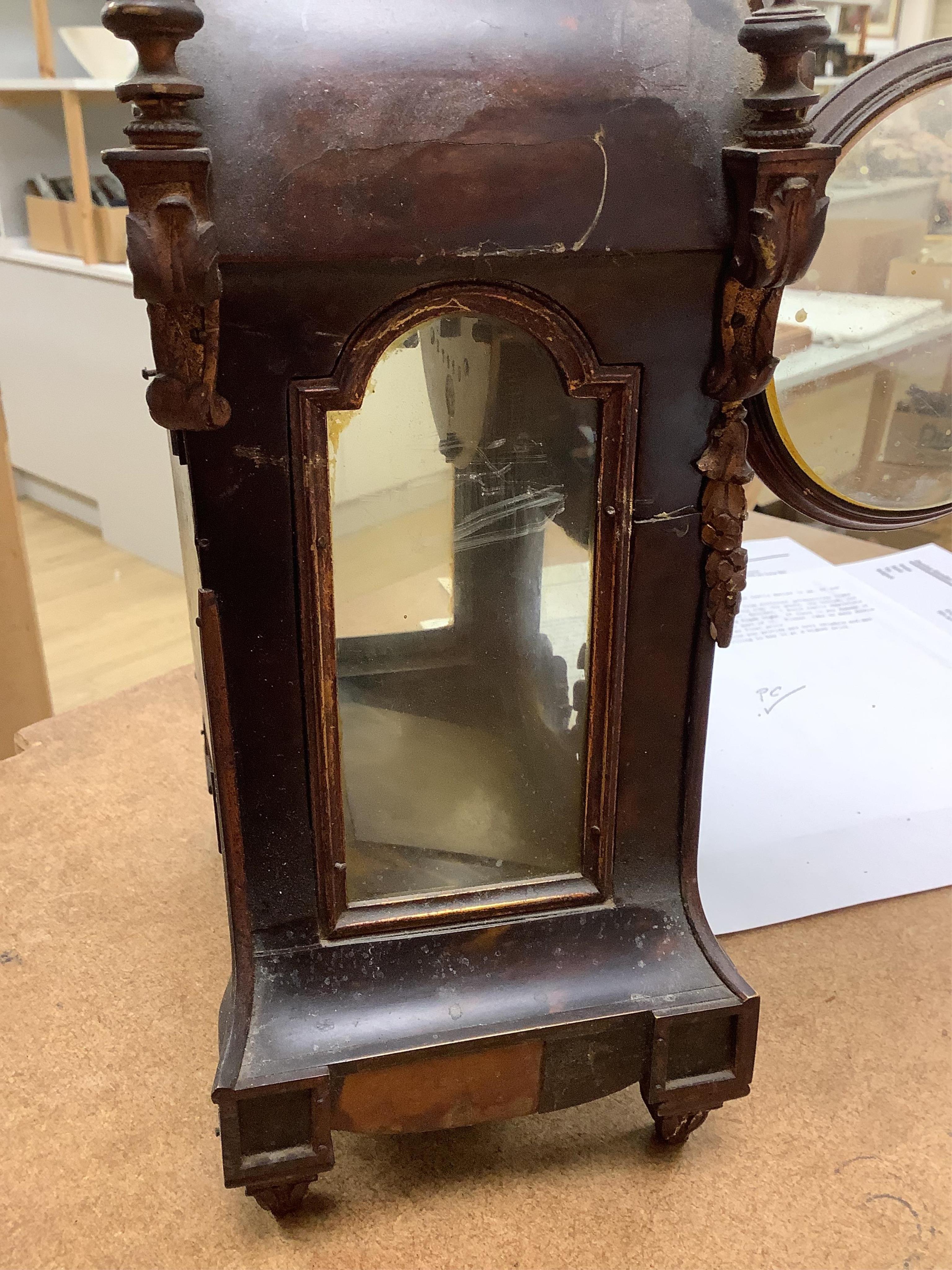 Two mantel clocks with French movements, circa 1900 to include an Art Nouveau inlaid example, largest 39cm high